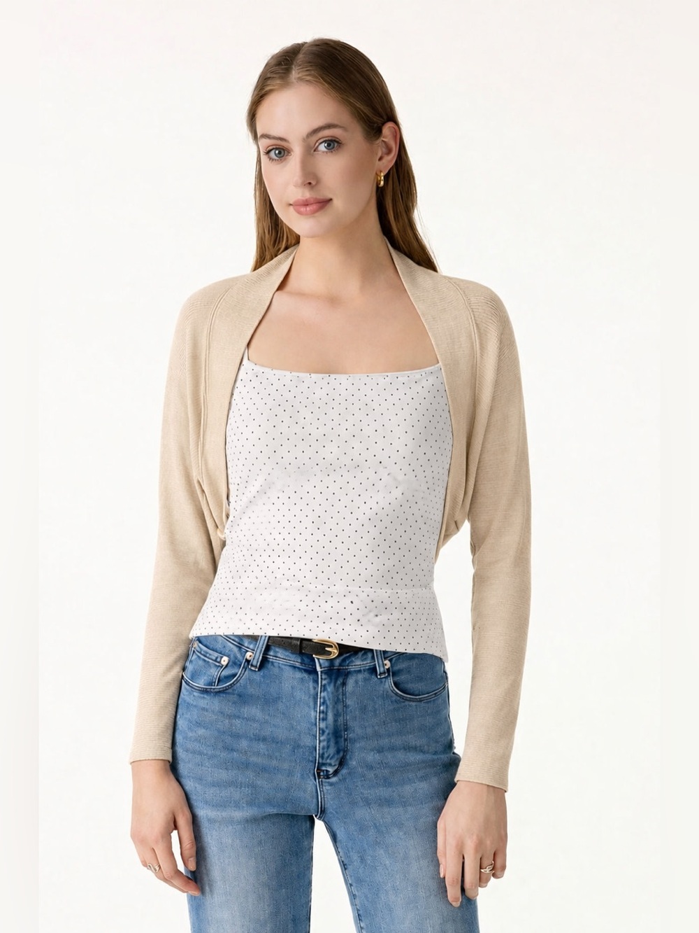 OGL Beige Bamboo Blend Breathable Summer Cropped Shrug Cardigan Size Medium